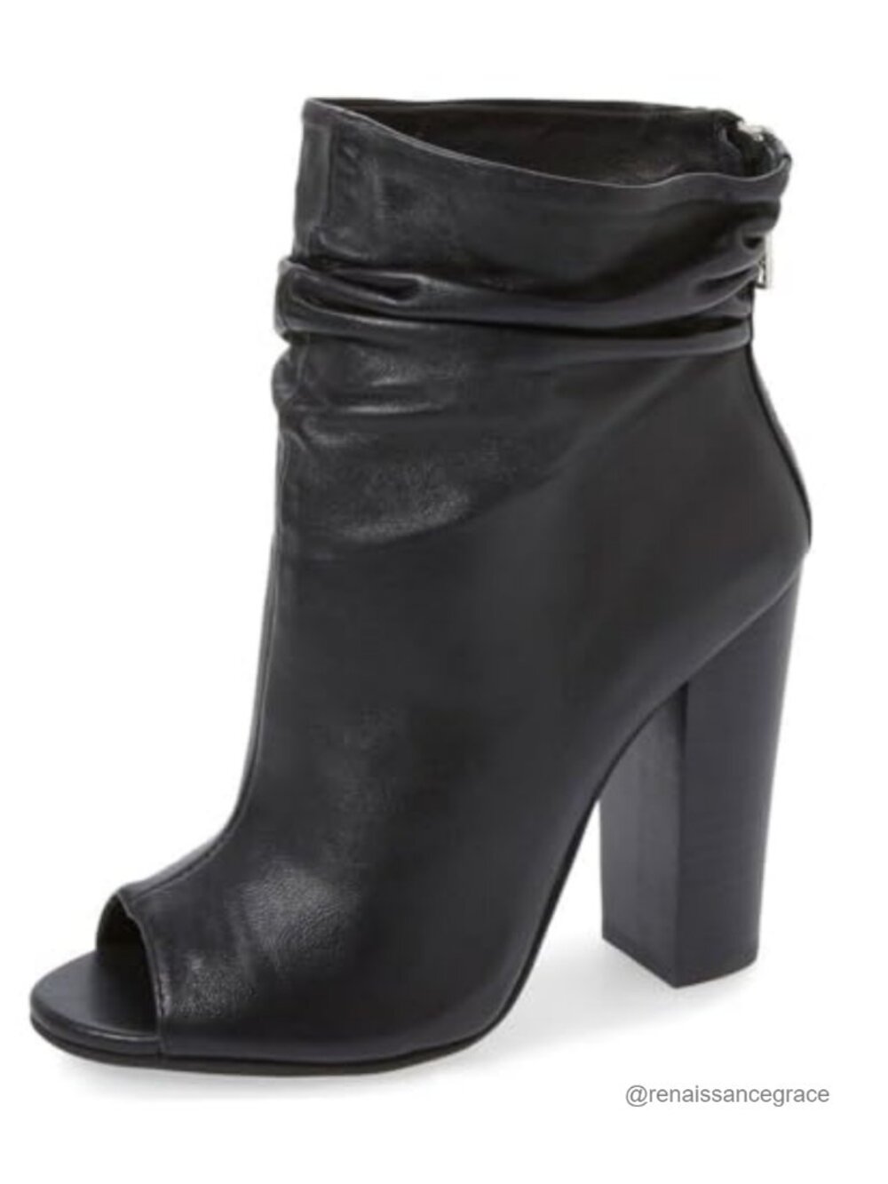 Peep Toe Slouch Ankle Boots Chunky Stacked Heels Faux Leather
